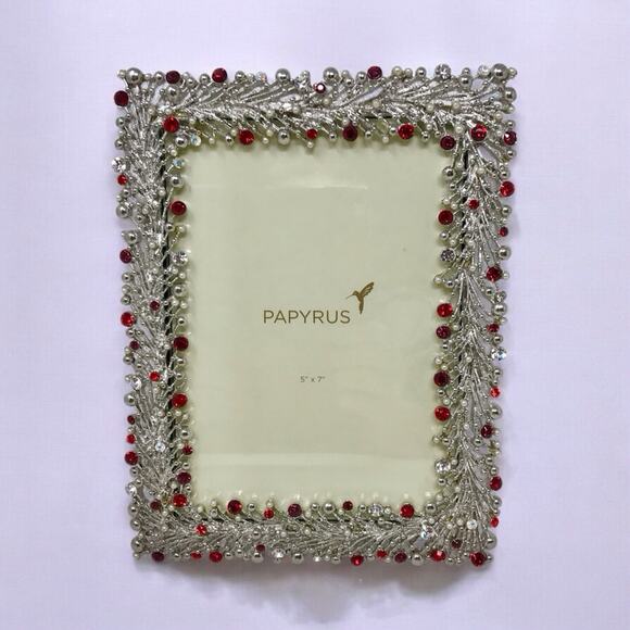 Papyrus NWT Photo Frame 5x7 Silver and Fuchsia Red White & Faux Pearl Gemstone - Picture 1 of 7
